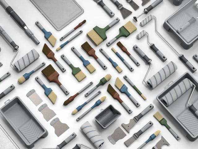GoodHome brushes, rollers, scraping knives, filling knives and paint trays arranged on a white background