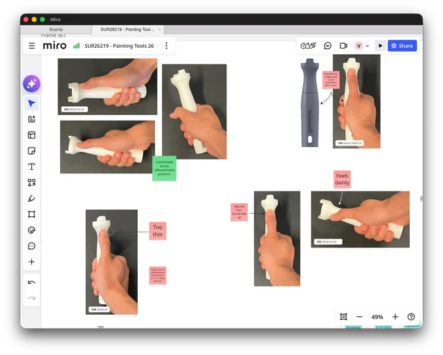 Annotated paint roller handle prototypes comparing thumb support and grip comfort